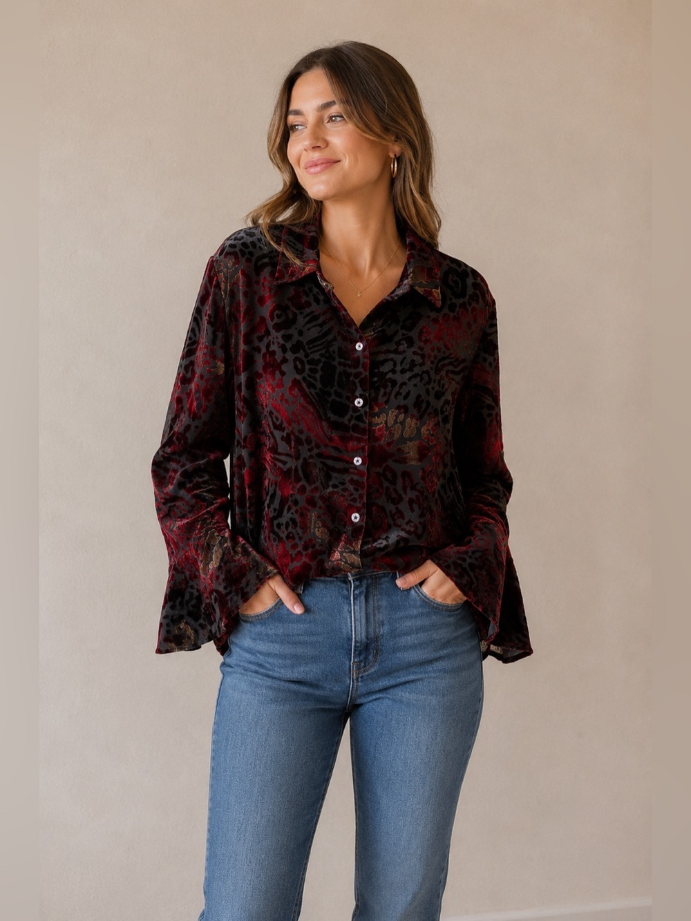 White Stag Velvet Burnout Leopard Animal Print Button Down Holiday Party Y2K
